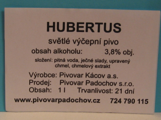 Hubertus 10° světlé výčepní pivo pivovar Kácov (samolepka na pet láhve) č.1